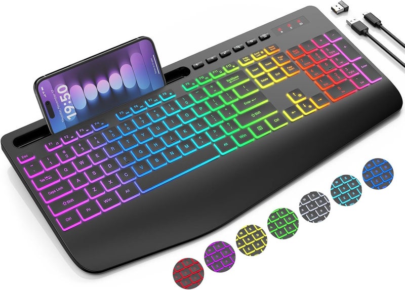 SABLUTE Wireless Keyboard with 9 Effects Backlits, Wrist Rest, Phone Holder, Rechargeable Ergonomic Computer Keyboard with Silent Keys, 2.4G Lag-Free Cordless Set for PC, Laptop, Windows, Mac (Keyboard Only) - Image 1